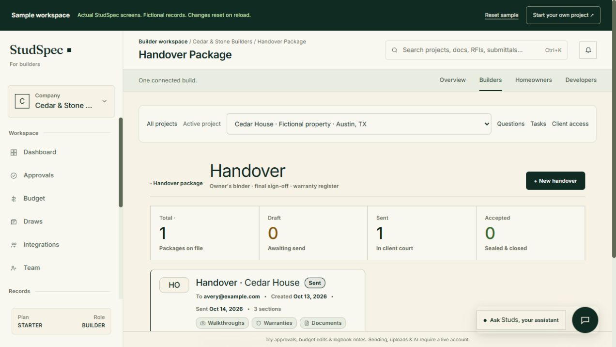 The actual StudSpec handover package screen, populated with fictional Cedar House records